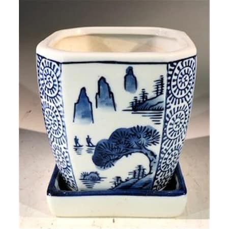 Paisaje 4 x 4 x 4 in. Porcelain Bonsai Pot with Attached Humidity Drip Tray, Blue & White - Square PA2529834